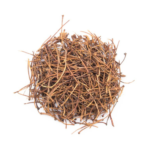 Gros plan sur un petit tas de queues de cerise séchées et coupées, de couleur marron-rouge, utilisées pour les tisanes et infusions diurétiques
