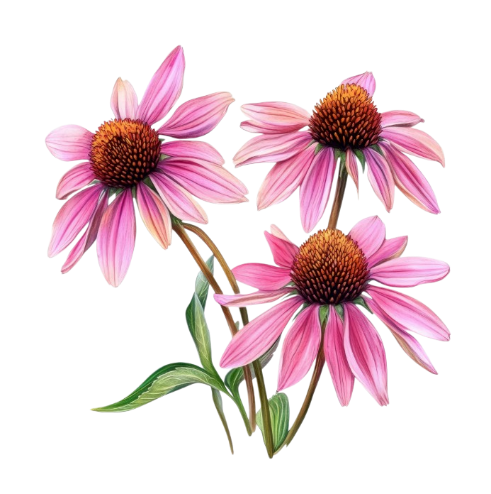 Illustration botanique de trois fleurs d'échinacée rose pourpre aux cœurs bombés, plante médicinale récoltée pour les tisanes naturelles et le bien-être chez Tisane et Cie. Image
